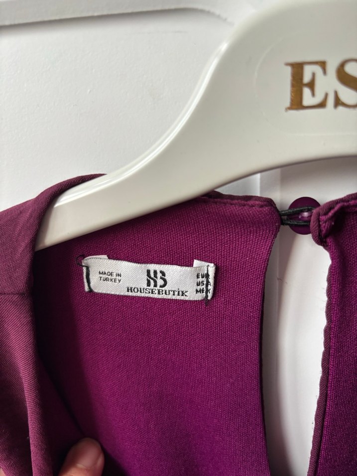 Mor V Yaka Uzun Keten Elbise - Görsel 3