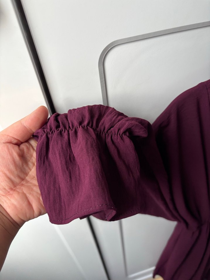 Mor V Yaka Uzun Keten Elbise - Görsel 2