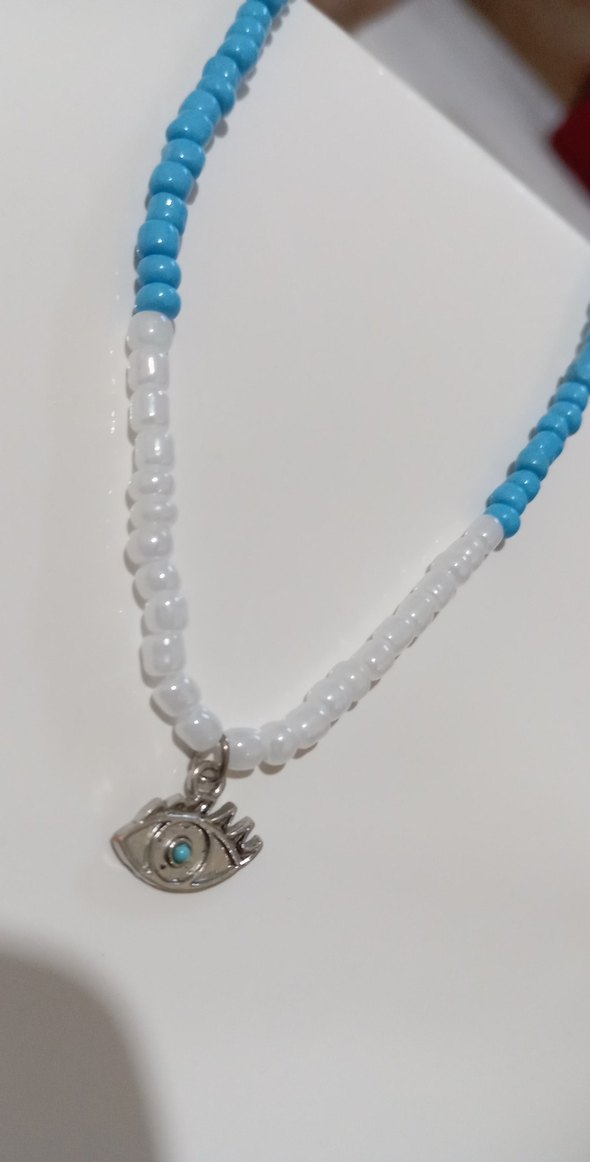 Beyaz,mavi Boncuklu Minimalist Kadın Kolye - Görsel 2