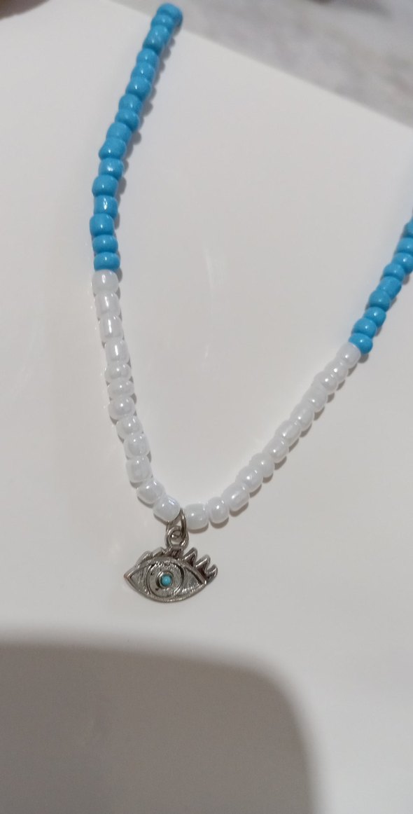 Beyaz,mavi Boncuklu Minimalist Kadın Kolye - Görsel 3