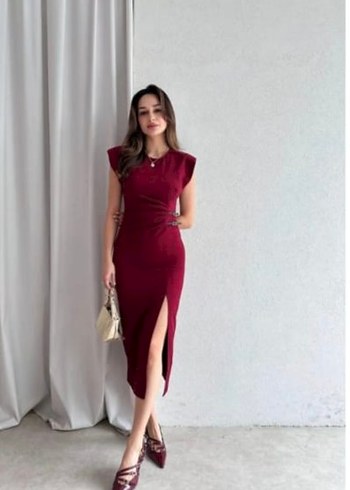 Bordo Kemerli Uzun Abiye Elbise - Görsel 5