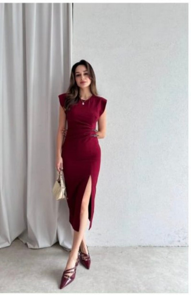 Bordo Kemerli Uzun Abiye Elbise - Görsel 5