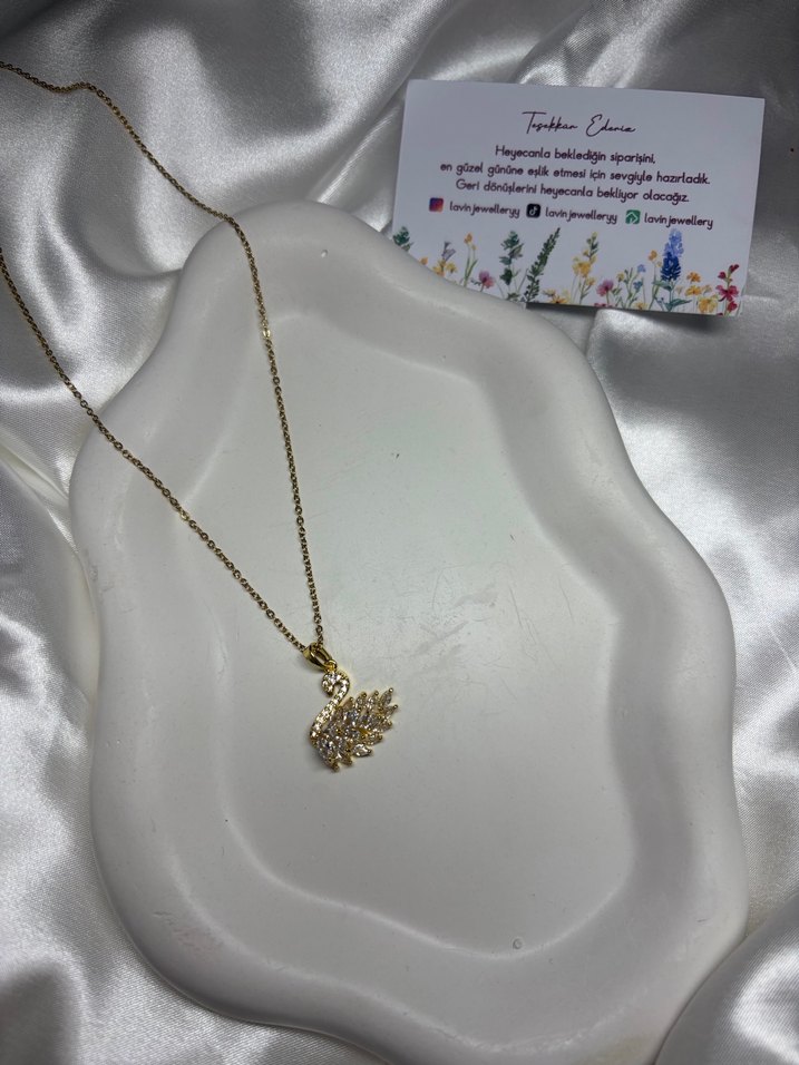 Çelik Gold Gümüş Taşlı Kuğulu Kolye - Görsel 2