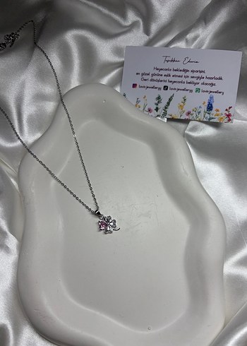 Çelik Gümüş Pembe Taşlı Yonca Kolye - Görsel 2
