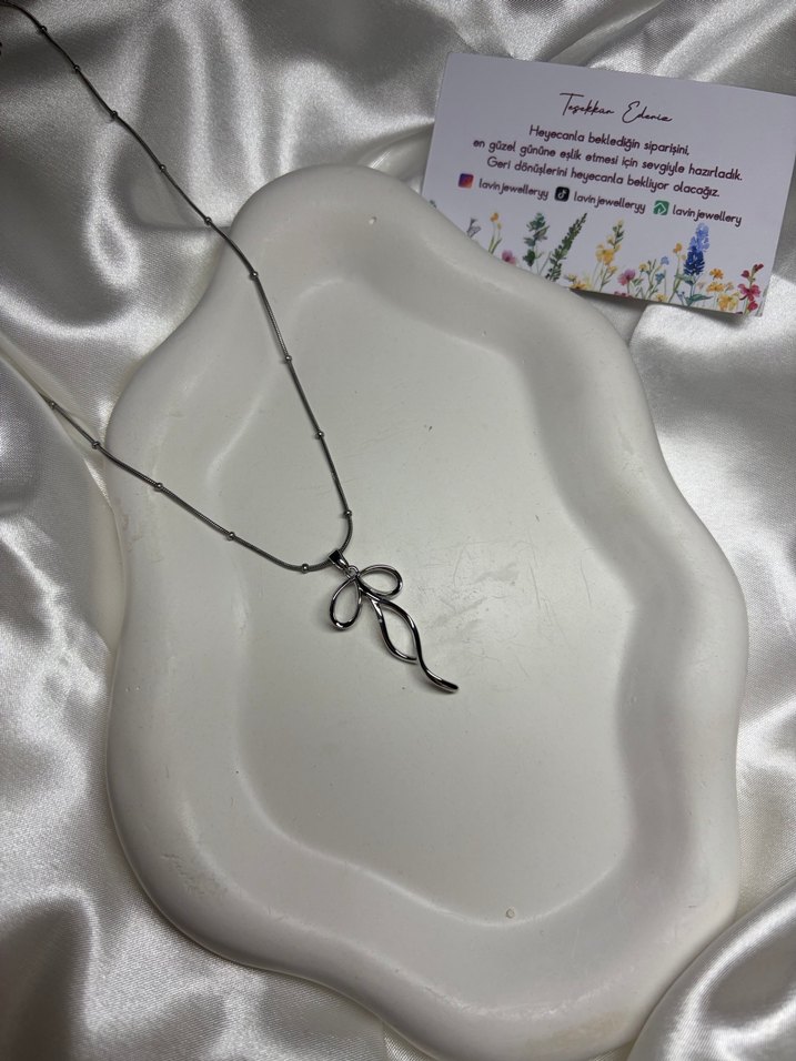 Çelik Gümüş Kurdeleli Kolye - Görsel 2