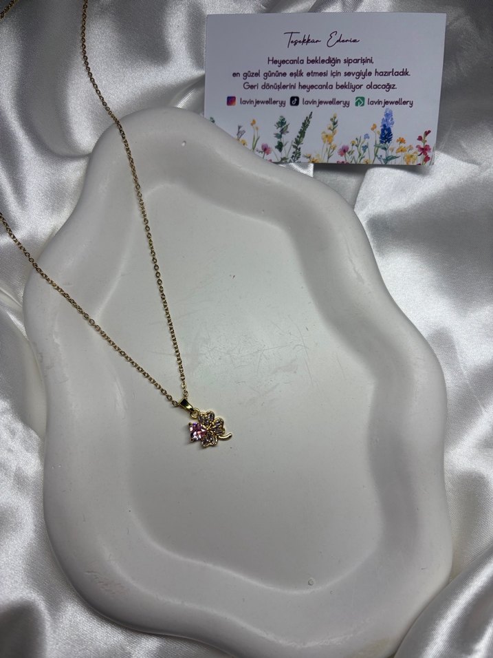 Çelik Gold Pembe Taşlı Yonca Kolye - Görsel 2