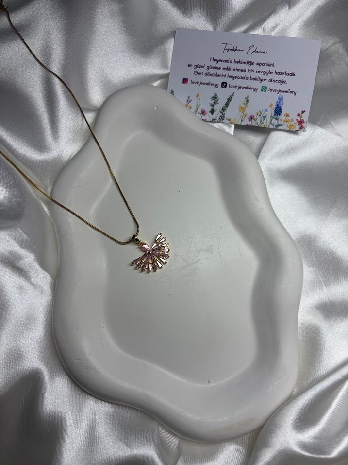 Çelik Gold Pembe Taşlı Yelpazeli Kolye - Görsel 2