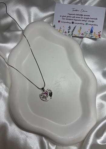 Çelik Gümüş Kanatlı Pembe Kalpli Kolye - Görsel 2