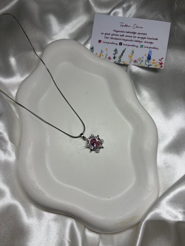 Çelik Gümüş İncili Pembe Taşlı Kolye - Görsel 2