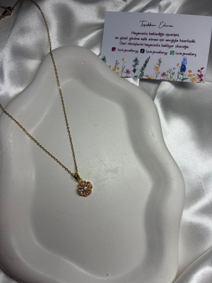 Çelik Gold Pembe Taşlı Çiçekli Kolye - Görsel 2