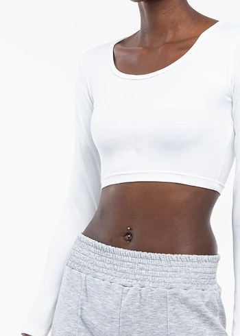 Beyaz Kadın Uzun Kollu Crop Top