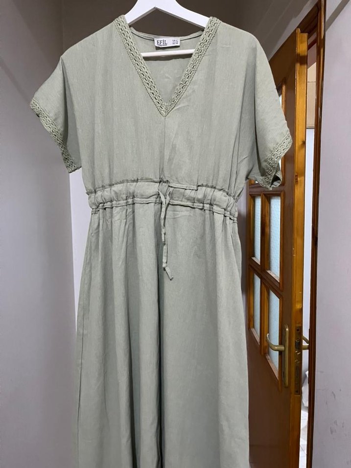 V Yaka Nakışlı Keten Bohem Bluz - Görsel 2