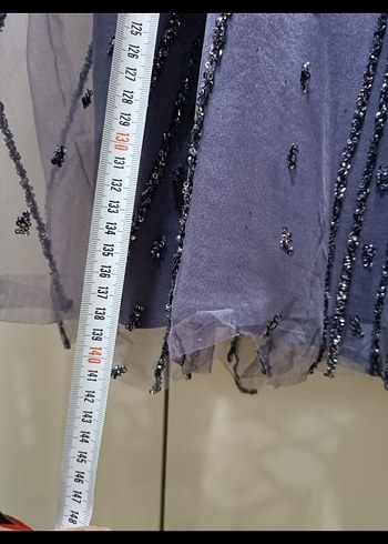 Uzun Kollu İşlemeli Mor Abiye Elbise - Görsel 7