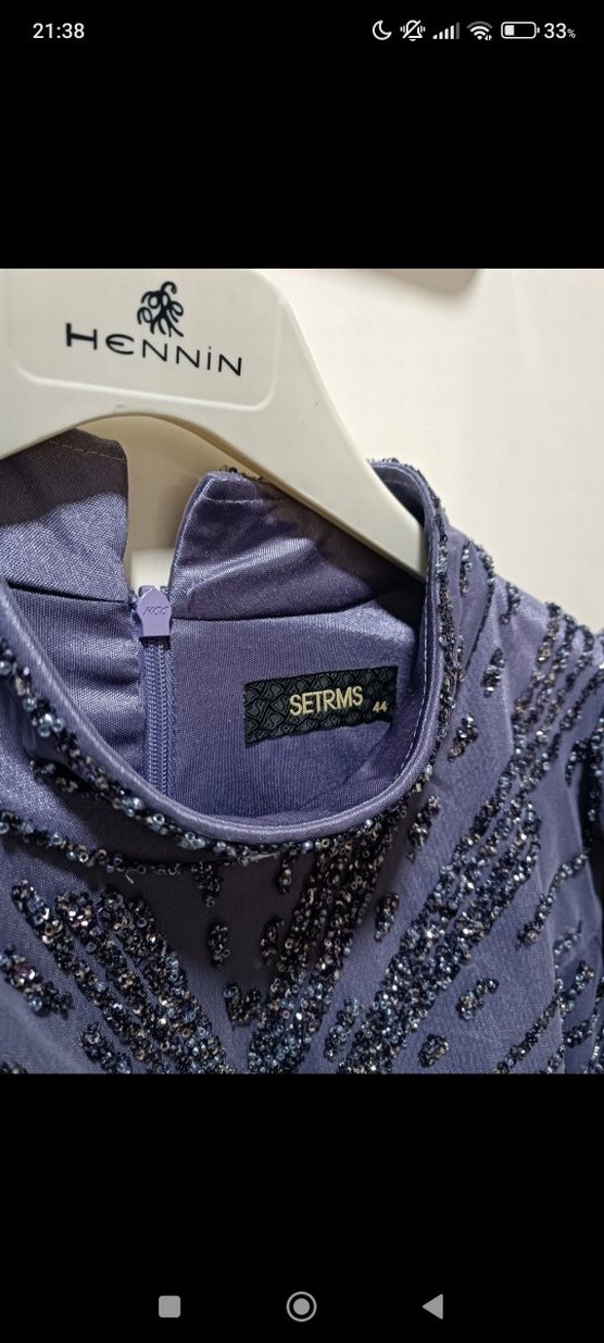 Uzun Kollu İşlemeli Mor Abiye Elbise - Görsel 5