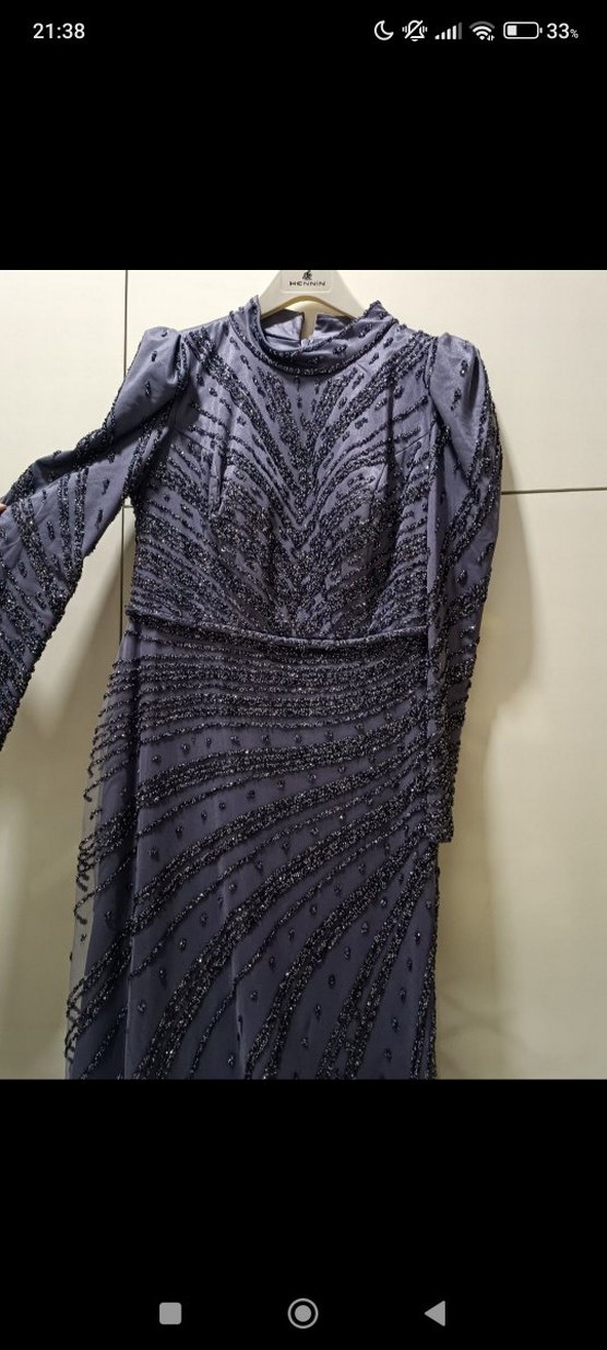 Uzun Kollu İşlemeli Mor Abiye Elbise - Görsel 2