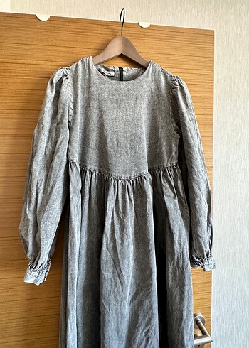 36 Beden Gri Uzun Denim Elbise, Bohem Stil