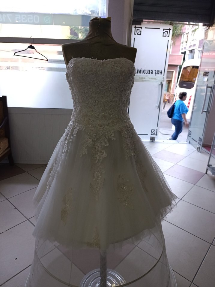 Straplez Midi Beyaz A-Line Gelinlik After - Görsel 5