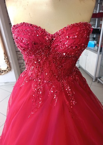 İşlemeli Boncuk Detaylı Pembe Straplez Abiye - Görsel 6