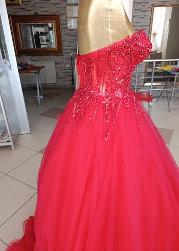 İşlemeli Boncuk Detaylı Pembe Straplez Abiye - Görsel 5