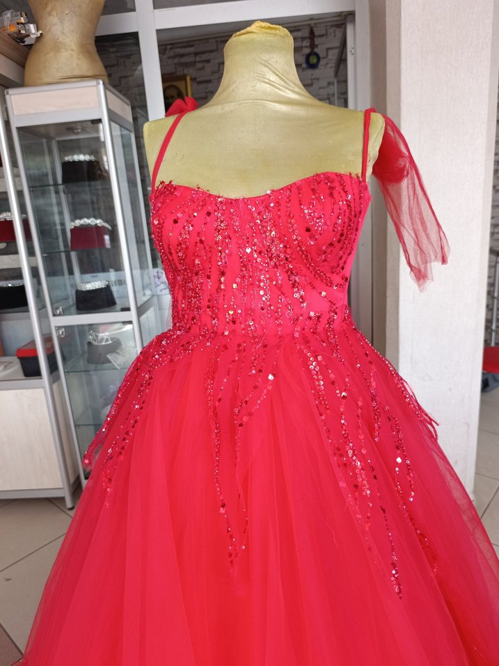 İşlemeli Boncuk Detaylı Pembe Straplez Abiye - Görsel 2