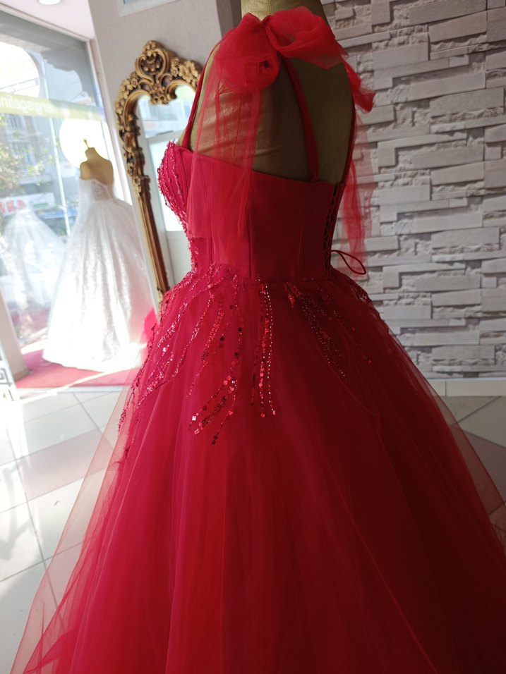 İşlemeli Boncuk Detaylı Pembe Straplez Abiye - Görsel 4