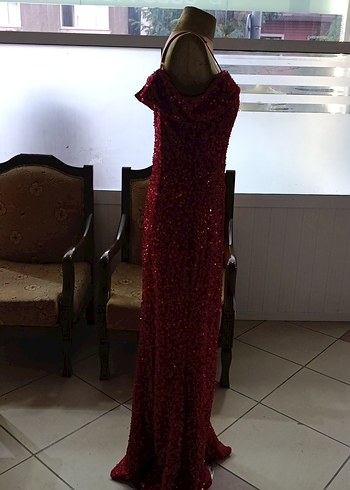 Bordo Uzun Drapeli Abiye Elbise - Görsel 3