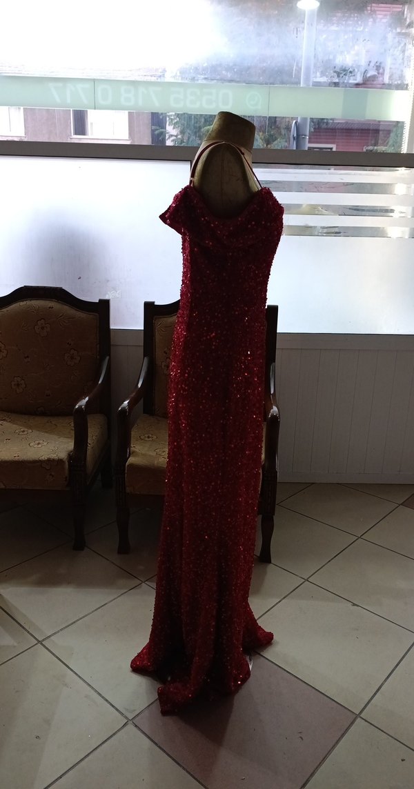 Bordo Uzun Drapeli Abiye Elbise - Görsel 3