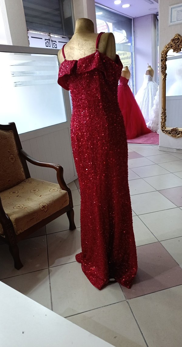 Bordo Uzun Drapeli Abiye Elbise - Görsel 4