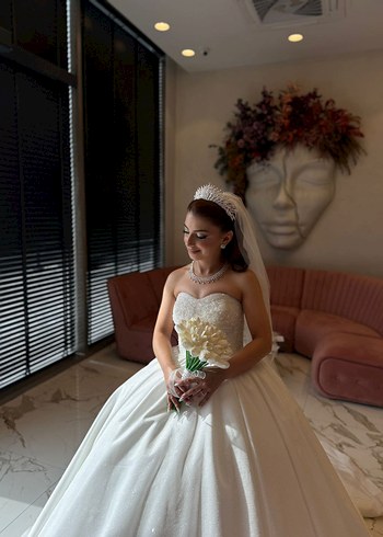 36 Beden Straplez Prenses Gelinlik, Uzun, Beyaz
