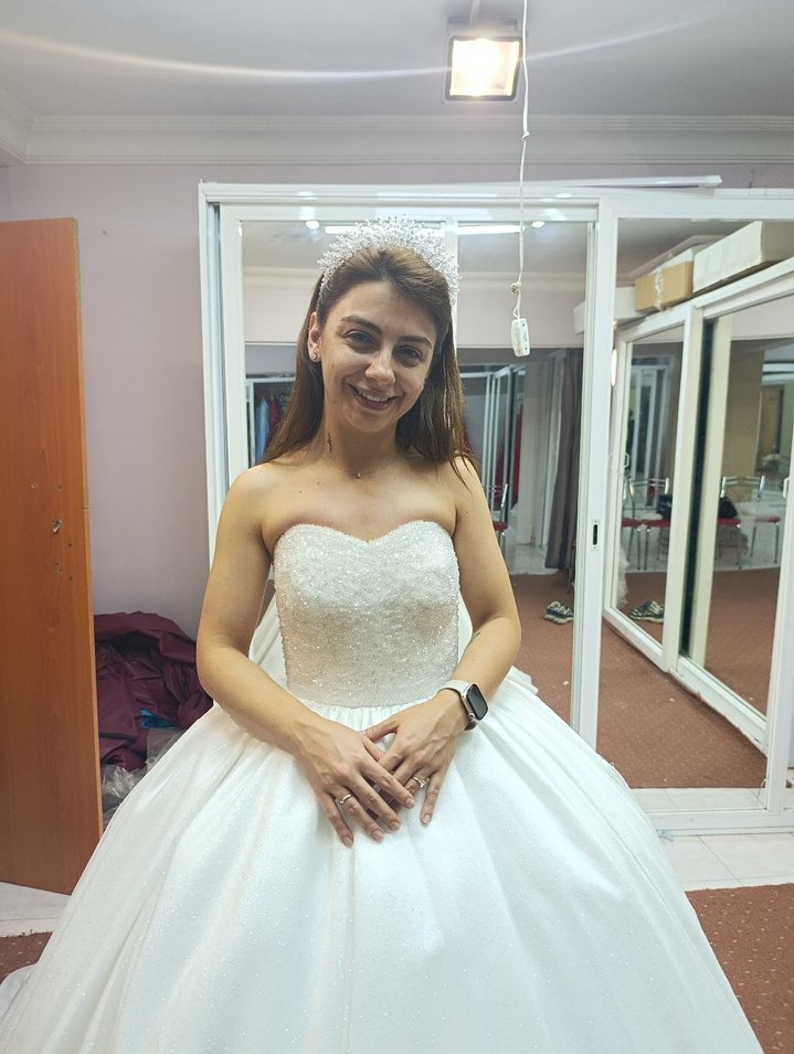 Straplez Prenses Gelinlik, Uzun, Beyaz - Görsel 5