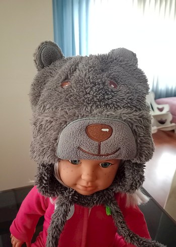Peluş Ayıcık Detaylı Gri Çocuk Bere Kız/Erkek Çocuk