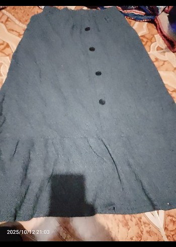 Düğmeli Siyah Keten Uzun Etek