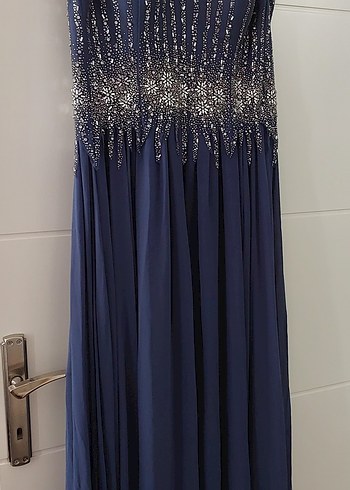 Taş İşlemeli Lacivert  Kadın Abiye Elbise - Görsel 4