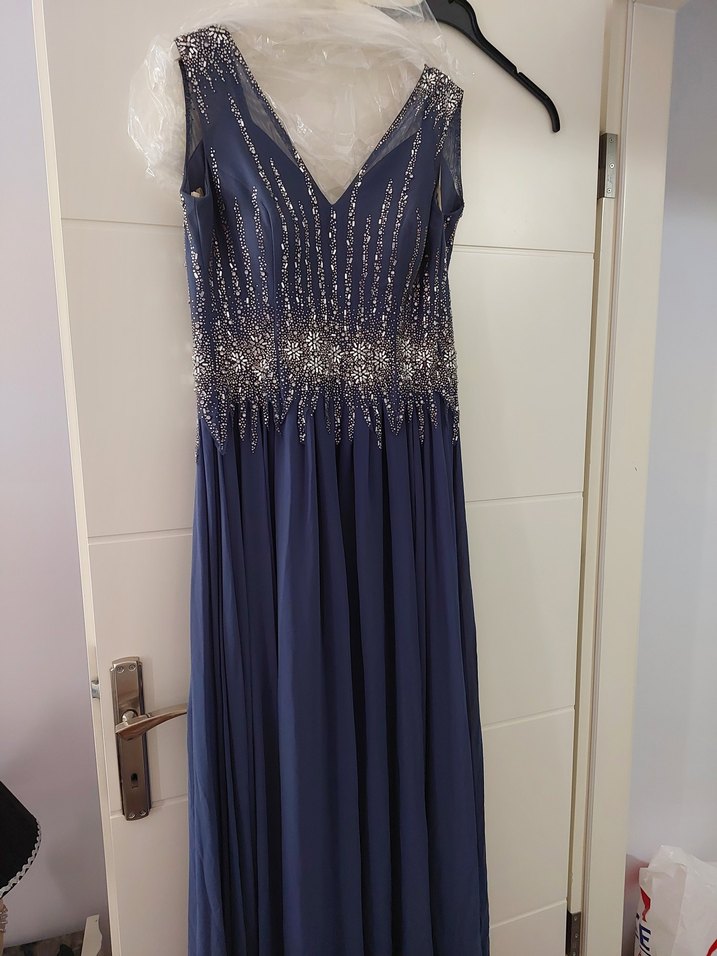 Taş İşlemeli Lacivert  Kadın Abiye Elbise - Görsel 2