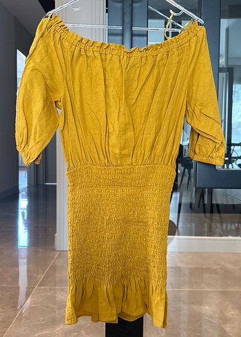 Zara Sarı Mini Bohem Düğmeli Keten Elbise