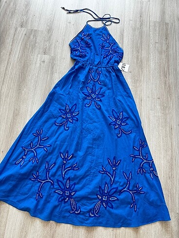 Zara Zara Boncuk İşlemeli Mavi Elbise