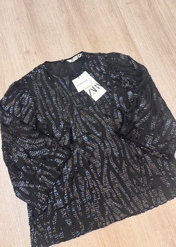 Zara Siyah Payetli Zebra Desenli Kadın Bluz - Görsel 5