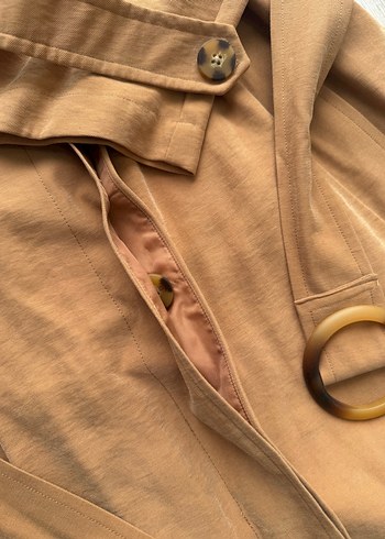 Bej Kemerli Uzun Keten Kadın Trençkot - Görsel 5