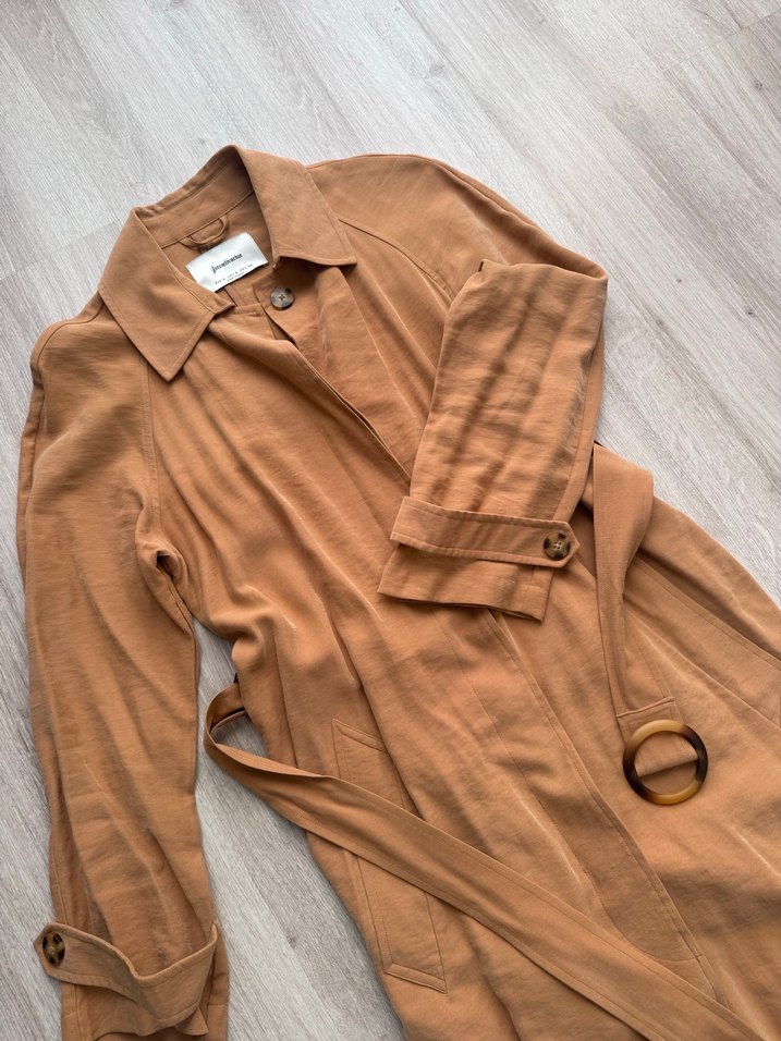 Bej Kemerli Uzun Keten Kadın Trençkot - Görsel 2