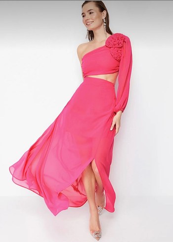 Pembe Drapeli Uzun Kadın Elbise - Görsel 2