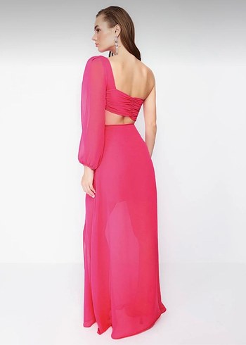 Pembe Drapeli Uzun Kadın Elbise - Görsel 6