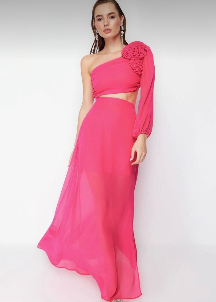 Pembe Drapeli Uzun Kadın Elbise - Görsel 3