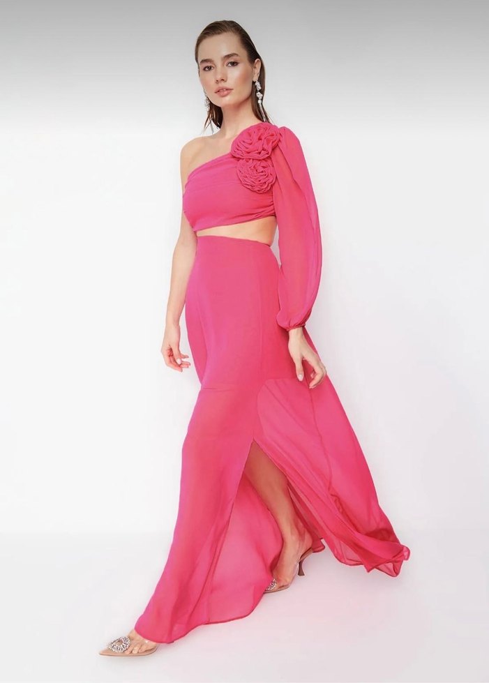 Pembe Drapeli Uzun Kadın Elbise - Görsel 4