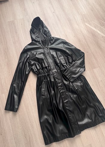 Kadın Siyah Deri Uzun Yağmurluk - Görsel 2