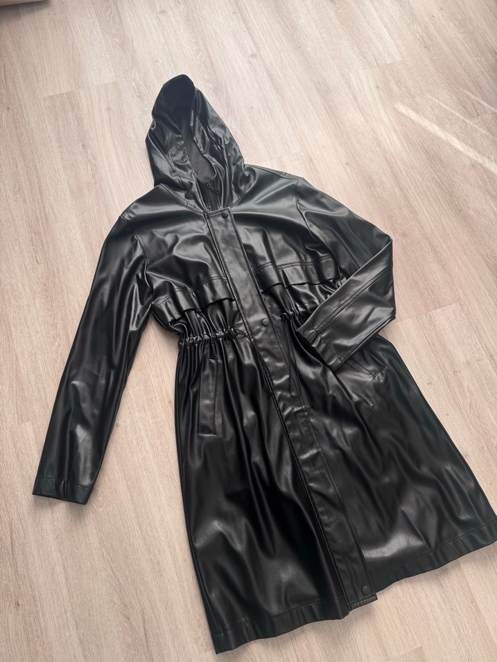 Kadın Siyah Deri Uzun Yağmurluk - Görsel 2