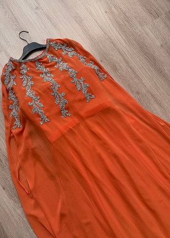 Turuncu Drapeli Uzun Abiye Elbise - Görsel 4