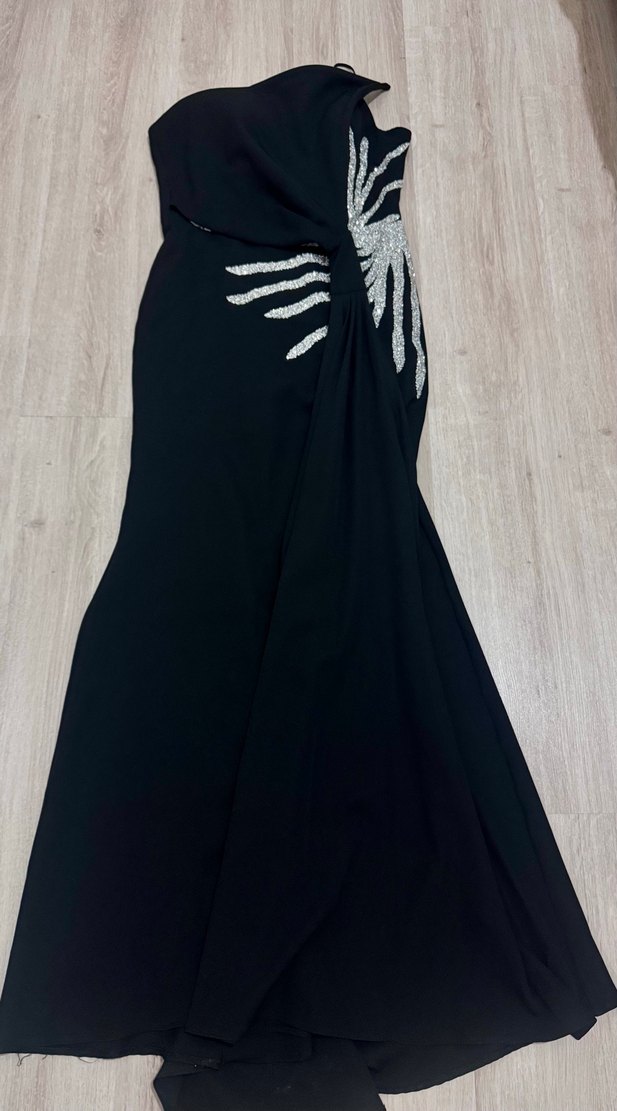 Siyah Drapeli Uzun Straplez Abiye Elbise - Görsel 3