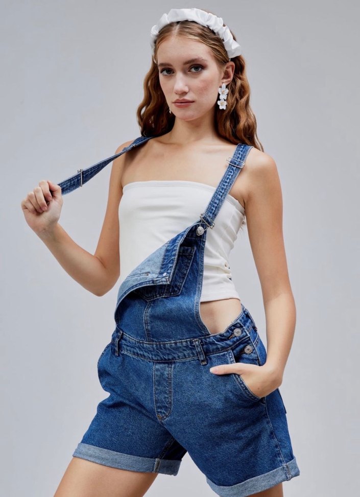 Kadın Lacivert Denim Kısa Tulum - Görsel 2