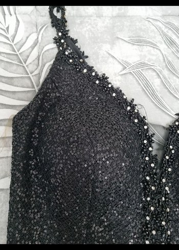 Boncuk İşlemeli Siyah Uzun Abiye Elbise - Görsel 7