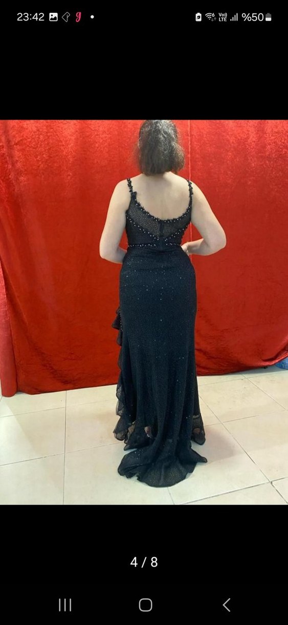 Boncuk İşlemeli Siyah Uzun Abiye Elbise - Görsel 4